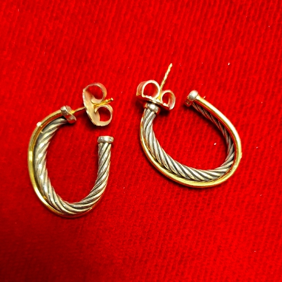 David Yurman Classic Cable 18k Yellow Gold & Sterling Long Hoop Earrings - Picture 1 of 6